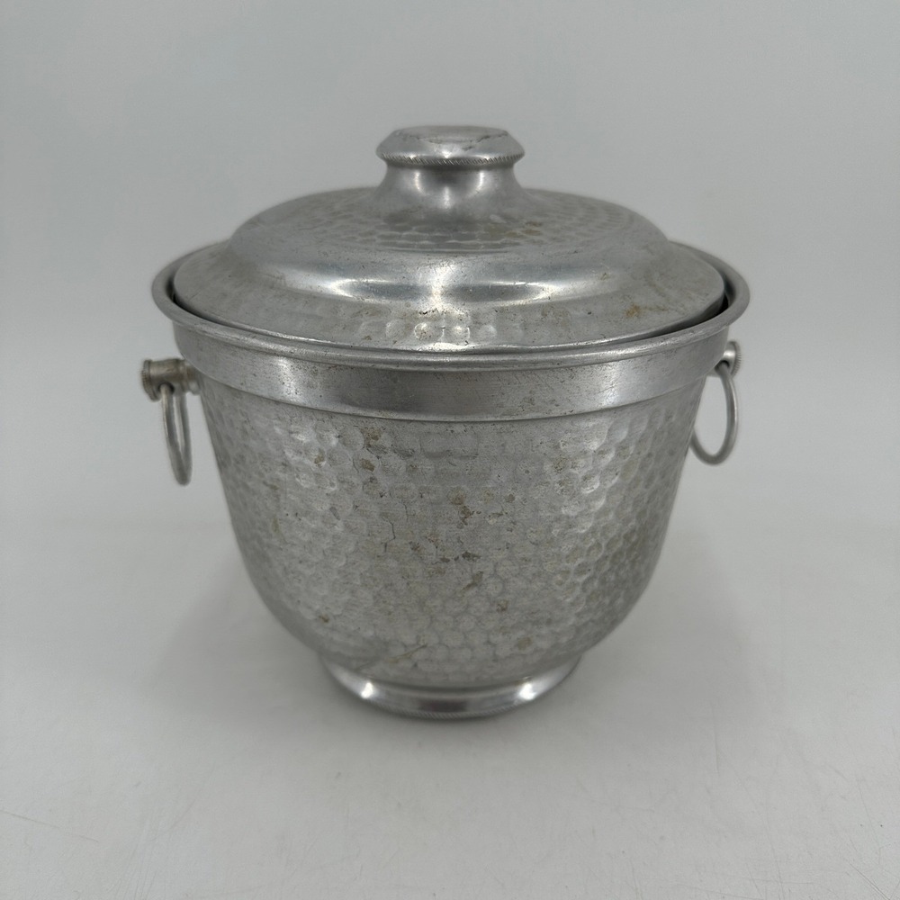 Vintage Hammered Aluminum Ice Bucket with Lid Made in Italy BB-501 Silver MCM